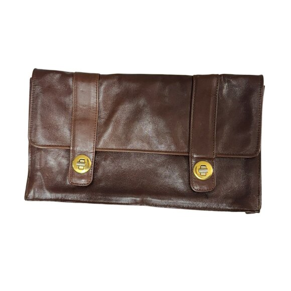 Lhia Vintage Brown Leather Clutch – Women's Fold-Over Evening Bag with Gold Turn - Picture 3 of 7